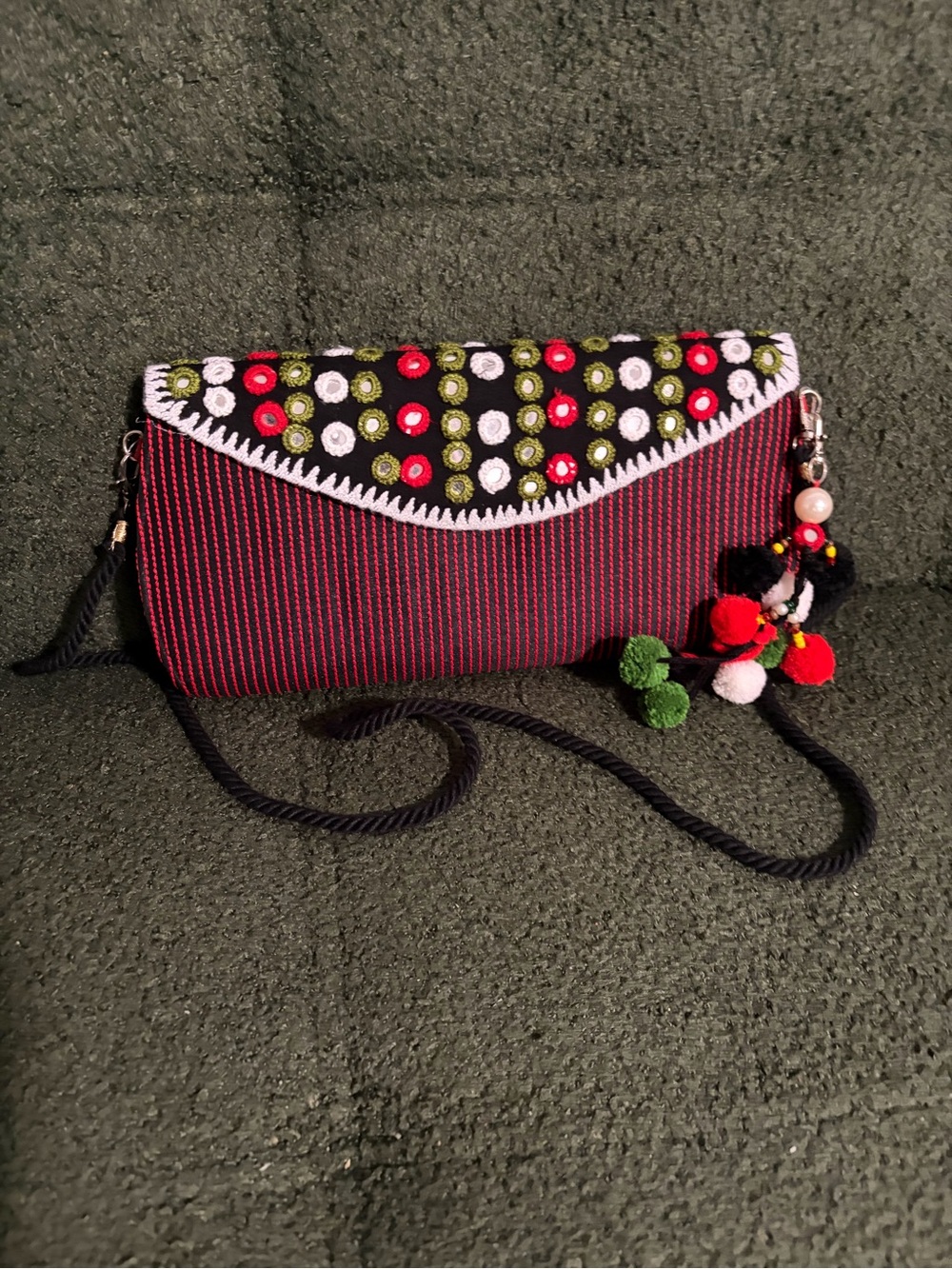 Embroidered Red and Black Wristlet Clutch with Pom-Pom Charm